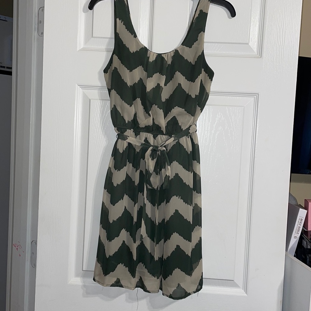 Olive green & tan tie waist dress